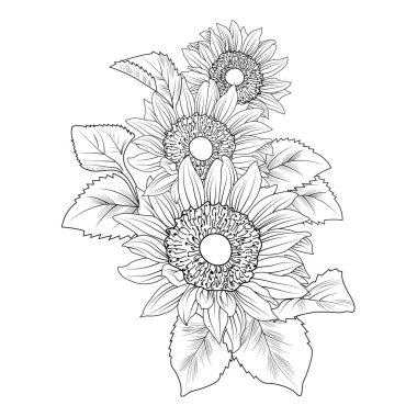 Bir buket ayçiçeği, tek renkli klasik el yapımı çizimi çiçek deseni. Çiçekler ve yapraklar. basılı renklendirme sayfaları için siyah ve beyaz oymalı mürekkep çizimi.