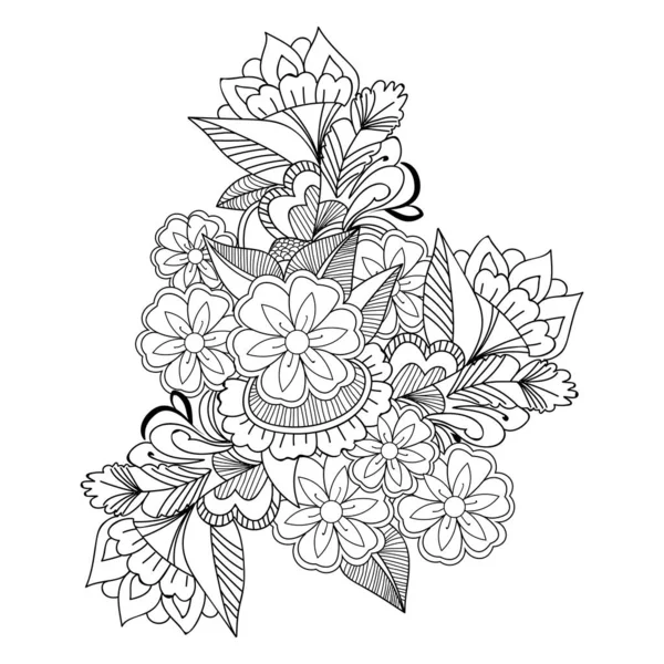 Çizgili çiçek buketi, güzel tasarım, çiçek desenli el çizimi çizimleri, karalama zentangası, dövme boyama boyama sayfası, yapraklı dekoratif çiçeklerin tek renkli karalama deseni..