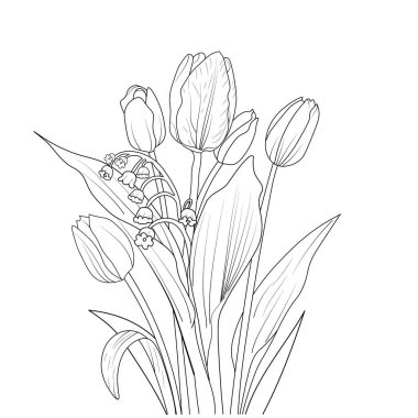 beautiful spring flowers and plants, isolated on white background, Hand drew a tulip flower collection of Eustoma botanical leaf bud illustration color page