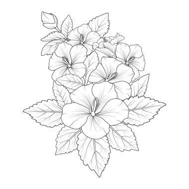 Bouquet of hibiscus flower hand drawn pencil sketch coloring page and book for adults isolated on white background floral element tattooing, illustration ink art of Sharon flower.