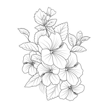 Hibiscus vector art, embellishment, artistic hand-drawn pencil sketch coloring page with blossom Sharon branches of leaf natural floral collection, engraved ink illustration, isolated background.