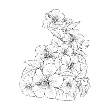 hibiscus flower drawing, vector sketch hand drew illustration artistic, simplicity, coloring page isolated on white background. vector illustration of beautiful flowers. floral elements for design