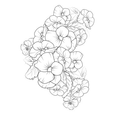 Sevimli çiçek boyama sayfaları, nonoş çizimi, soluk mavi nonoş çizimi, el çizimi, botanik bahar unsurları, menekşe çizgisi buketi, kolay çiçek çizimi. İbne çiçek sanatı, ana hatları nonoş çiçeği çizimi. Siyah ve beyaz oymalı resim..