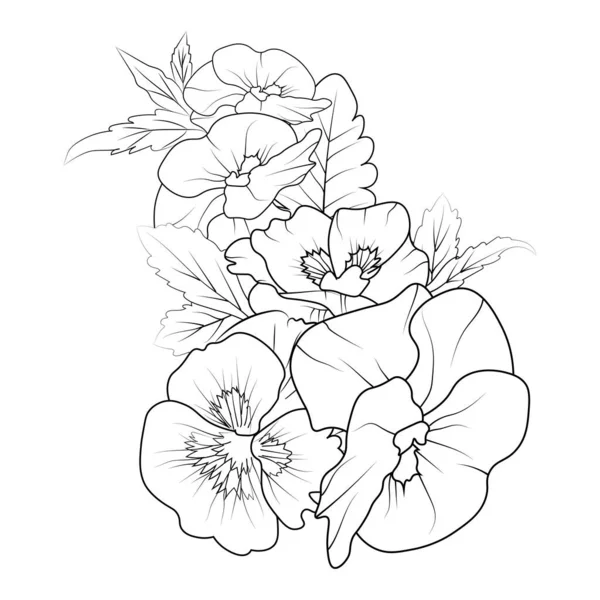 Όμορφο Πανσές Λουλούδι Φύλλα Γραμμή Τέχνης Φυτό Κλαδί Διάνυσμα Βοτανική — Διανυσματικό Αρχείο