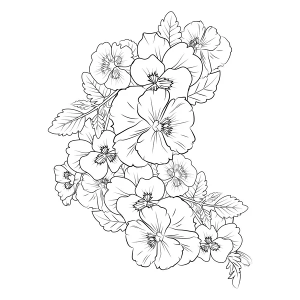 Pansy Flor Vetor Ilustração Lindo Buquê Flores Páginas Coloração Desenhadas — Vetor de Stock