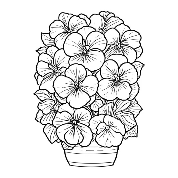 Vaso Flores Decorativo Monocromático Com Flores Delineando Pansy Flor Desenho —  Vetores de Stock