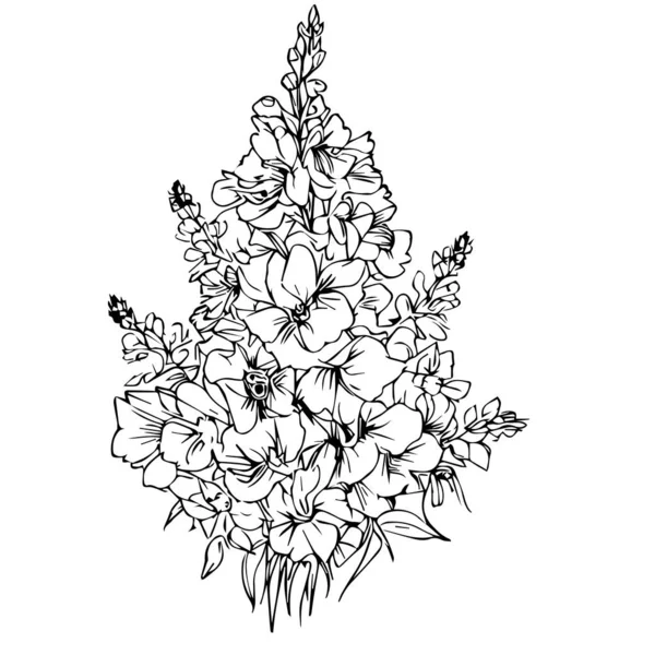vector sketch flowers. floral bouquet, light blue delphinium flower bouquet  arrangement, larkspur flower wedding bouquet  arrangement Hand-drawn delphinium flower bouquet vector sketch illustration
