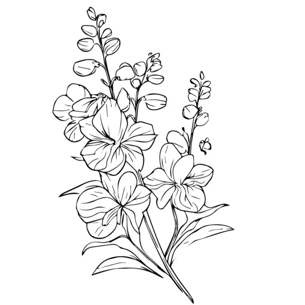 Hermosa Flor Dibujada Mano Blanco Negro Con Hojas Aislado Sobre — Archivo Imágenes Vectoriales