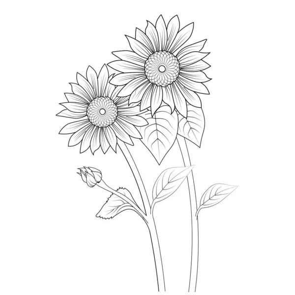 Vektor Handgezeichnete Florale Illustration Schwarz Weiß Zeichnung Botanische Illustration Sonnenblumenstrauß — Stockvektor