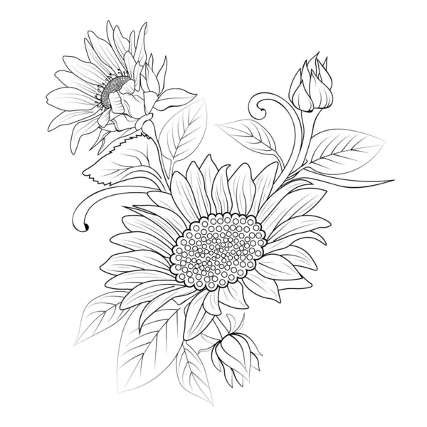 Handgezeichnete Skizze Mit Blumen Und Blättern Vektor Illustration Umriss Sonnenblume — Stockvektor