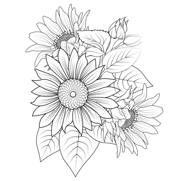 Blume Malbuch Seite Schablone Sonnenblume Tätowierung Umriss Zeichnungen Schablone Sonnenblume — Stockvektor
