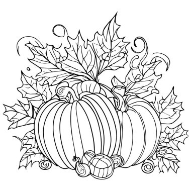 Cadılar Bayramı için balkabağı ve yapraklar. Çocuklar için boyama sayfası. Siyah çim siluetleri, çiçekler ve bitkiler. El çizimi biçiminde sevimli çiçek vektör illüstrasyonu