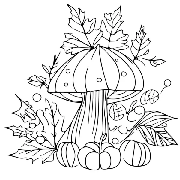 Раскраска Грибами Детей Осень Осенью Опадают Листья Овощи Тыква Пшеница — стоковый вектор