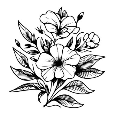 Çiçek ve yaprakların vektör çizimi, Periwinkle vektör sanatı ve tek renkli çiçek çizimi. mürekkep vektörü çizimi el çizimi, botanik koleksiyonu basitliği, sanatsal, çocuklar için boyama kitabı