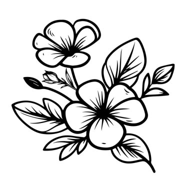 Çiçek ve yaprakların vektör çizimi, Periwinkle vektör sanatı ve tek renkli çiçek çizimi. mürekkep vektörü çizimi el çizimi, botanik koleksiyonu basitliği, sanatsal, çocuklar için boyama kitabı