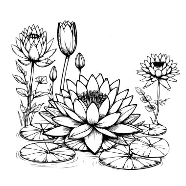 Çiçek boyama sayfaları, ve kitap, sulu zambak vektör çizimi, su gibi çizilmiş el, botanik yaprak tomurcuğu çizimi işlemeli mürekkep sanatı tarzı. Su çiçeği eskizi. Nilüfer çiçeğinin bahçesinde siyah ve beyaz çiçekli klasik bir çiçek çizimi.