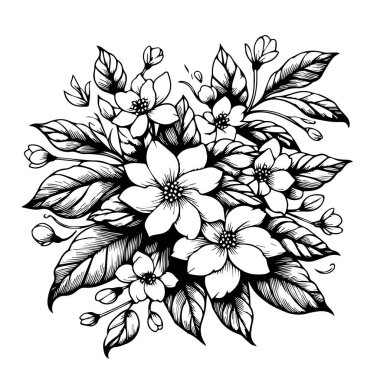 Kartvizit ya da baskı için çiçek desenli karanfil buketi. Beyaz arka planlara izole edilmiş elle boyanmış çiçek çizimleri, oymalı mürekkep resimleri çiçek boyama sayfaları ve eskiz tarzında güzel çiçekler basmak için kitaplar. 