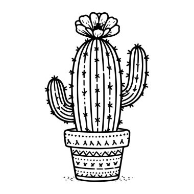 Şirin kaktüs ve sulu tencere. Kaktüs ve sulu tencere. El çizimi vektör çizimi, kalem çizimi kaktüs çizimi, siyah beyaz kaktüs çizimi, siyah beyaz basit kaktüs çizimi.