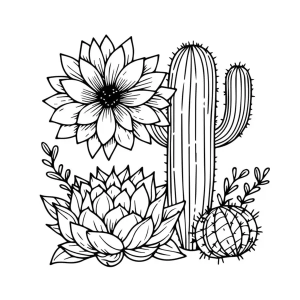 Kaktus Mit Blättern Und Kakteen Kakteenvektorkunst Handgezeichneter Kaktus Kakteenmalseiten Für lizenzfreie Stockillustrationen