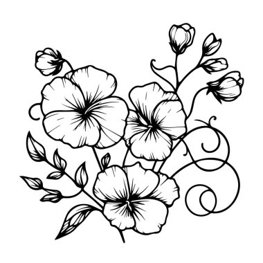 Çocuklar için boyama sayfaları, Kolay Bezelye Çiçeği Sanat Elleri çizim çizimi, sanatsal Tatlı Bezelye çiçeği demeti el çizimi kalem çizimi, soyutlanmış gerçekçi çiçek boyama sayfaları. Basit çuha çiçeği çizimi