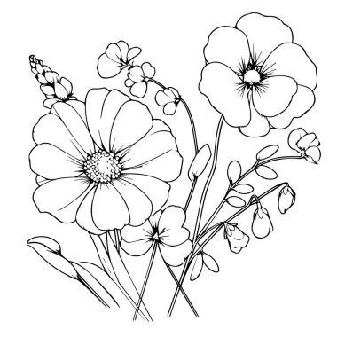 Tatlı Bezelye ve Papatya Çiçeği Minimalist Duvar Sanatı, Basılı PDF Sanat, Basit Botanik Çizimi, Tatlı Bezelye Doğum Ayı Çiçeği - 124; Doğum Ayı Çiçek Buketi SVG el çizimleri ve beyaz arkaplana izole edilmiş yapraklar.