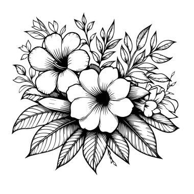 Allamanda dethartica, Allamanda dethartica buket yaprakları, tomurcuklar, Allamanda katalizör çiçek dövmesi, boya sayfalarını kesen çocuklar, yapraklı çiçek desenli el dövmesi. vektör illüstrasyonu.