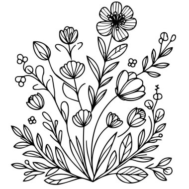 Çiçek boyama sayfaları, ve kitap, bahar çiçeklerinin vektör çizimi, El çizimi bahar çiçekleri, botanik yaprak tomurcuğu çizimi oymalı mürekkep sanatı tarzı çiçek tasarımı elementleri. siyah ve beyaz oymalı çiçek çizimi,