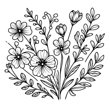 Çiçek boyama sayfaları, ve kitap, bahar çiçeklerinin vektör çizimi, El çizimi bahar çiçekleri, botanik yaprak tomurcuğu çizimi oymalı mürekkep sanatı tarzı çiçek tasarımı elementleri. siyah ve beyaz oymalı çiçek çizimi,