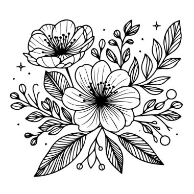 Çiçek boyama sayfaları, ve kitap, bahar çiçeklerinin vektör çizimi, El çizimi bahar çiçekleri, botanik yaprak tomurcuğu çizimi oymalı mürekkep sanatı tarzı çiçek tasarımı elementleri. siyah ve beyaz oymalı çiçek çizimi,