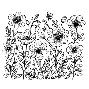 Çiçek boyama sayfaları, ve kitap, bahar çiçeklerinin vektör çizimi, el çizimi bahar çiçekleri, botanik yaprak tomurcuğu çizimi, mürekkep işlemeli sanat tarzı. Hız yapan çiçek çizimi Çiçekli el çizimi
