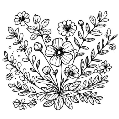 Çiçek boyama sayfası ve kitaplar, tek renkli vektör çizimi, bahar çiçeği çizimi, bahar çiçeği vektörü, bahar çiçeği çiçekli çiçek arkaplanı doğal yaprak koleksiyonu el çizimi çiçek vektörü tasarımı