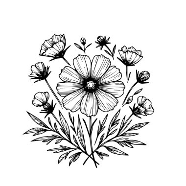 Kart ya da baskı için kozmos çiçeği tasarımı. El boyaması Kozmos çiçek illüstrasyonu, beyaz, oymalı mürekkep resimleri çiçek boyama sayfaları, baskı kitapları, güzel çiçek boyama sayfaları ve çiçek vektör çizimi üzerine izole edilmiş.