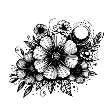 Kozmos çiçek vektör elementleri yaz koleksiyonu, el boyaması kozmos boyama sayfaları, vektör çizimi, kalem sanat kozmos çiçeği, yetişkinler için siyah ve beyaz çiçekli renkli renkli renkli kır çiçekleri.