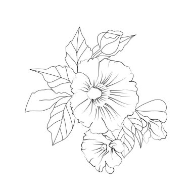 Hollyhock çiçeklerinin vektör çizimi. Bir buket sarı kalla çiçeği ve yapraklı güzel bir kalla çiçeğinin vektör çizimi. Klasik çiçek vektör illüstrasyonu, ayrıntılı çiçek renklendirme sayfaları el çizimi çiçek vektörü illüstrasyonu