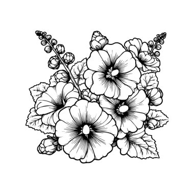 Hollyhock çiçek çizimleri, el yapımı gülhock çiçeği duvar sanatı, gülhok çiçekleri botanik duvar sanatı, basit gülhok zambağı çiçek çizimi, gülhatları çiçek çizimi çizimi