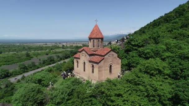 Aerial View German Church Mountainside Azerbaijan — Stockvideo
