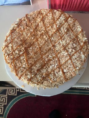 Coffee cake on the table in coffee shop. Top view