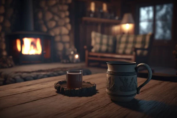 A cozy and inviting cabin in the woods, with a roaring fire and a hot cup of cocoa waiting inside