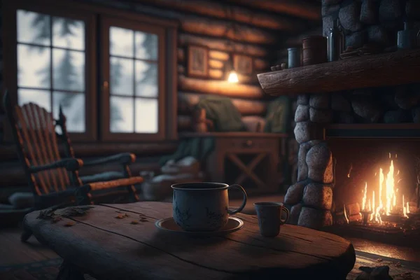 A cozy and inviting cabin in the woods, with a roaring fire and a hot cup of cocoa waiting inside