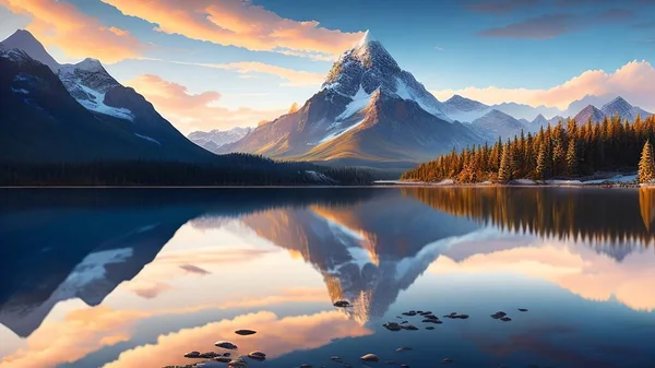 Mountains reflected in lake. 3d render
