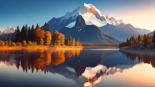 Mountains reflected in lake. 3d render