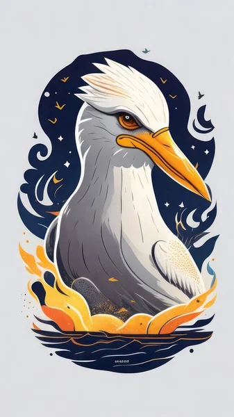 Vector illustration of a seagull sitting on a nest with flowers.