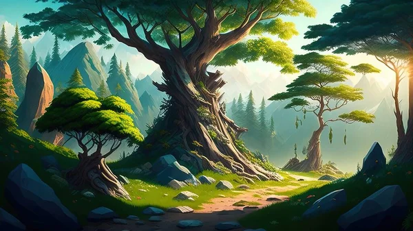 Fantasy landscape with old tree on the path. Vector illustration.