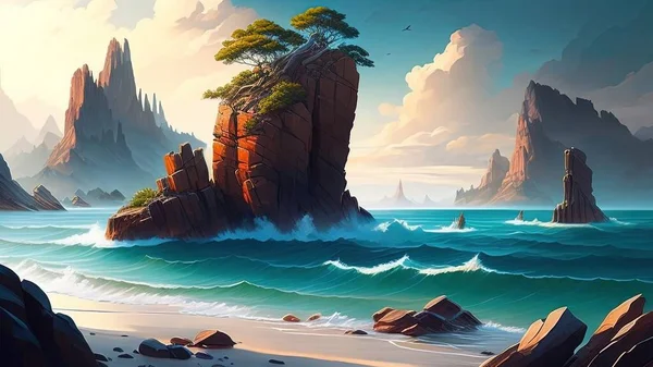 Fantasy landscape with a lonely tree in the middle of the sea