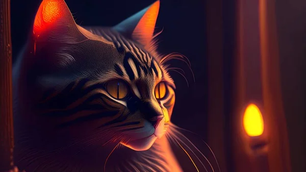 Cat in the light of a lamp, 3d rendering. Computer digital drawing