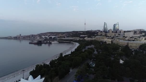 Luftaufnahme Der Baku Stadt Bei Sonnenuntergang Azerbaijan — Stockvideo
