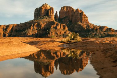 Horizontal image of cathedral rock in sedona Arizona seen from secret slickrock with reflection of geological sandstone rock formations and spires with cactus and water in foreground