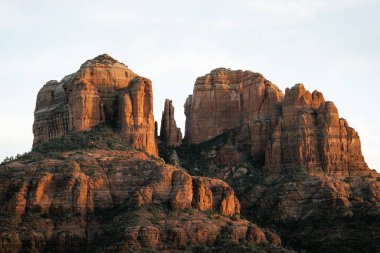 Tight shot zoomed in photograph of Cathedral rock in Sedona Arizona Yapapai County American Southwest showing detail of the red rock at sunset in the winter month of January. Views of northern arizona