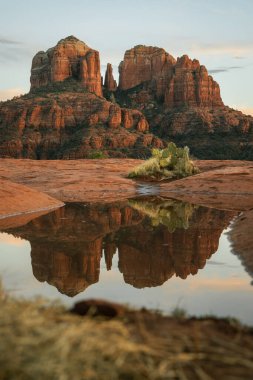 Reflection photo taken at sunset in Sedona Arizona United States Yavapai County at sunset in winter of Cathedral Rock illuminated with reds and oranges showing green cactus in foreground and clouds.