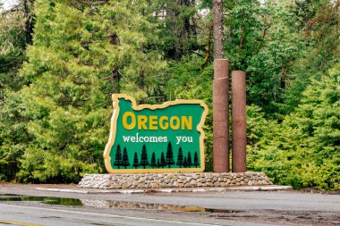 Oregon sağanak yağmurdan sonra ABD-199 'dan su birikintisiyle hoş geldiniz diyor..
